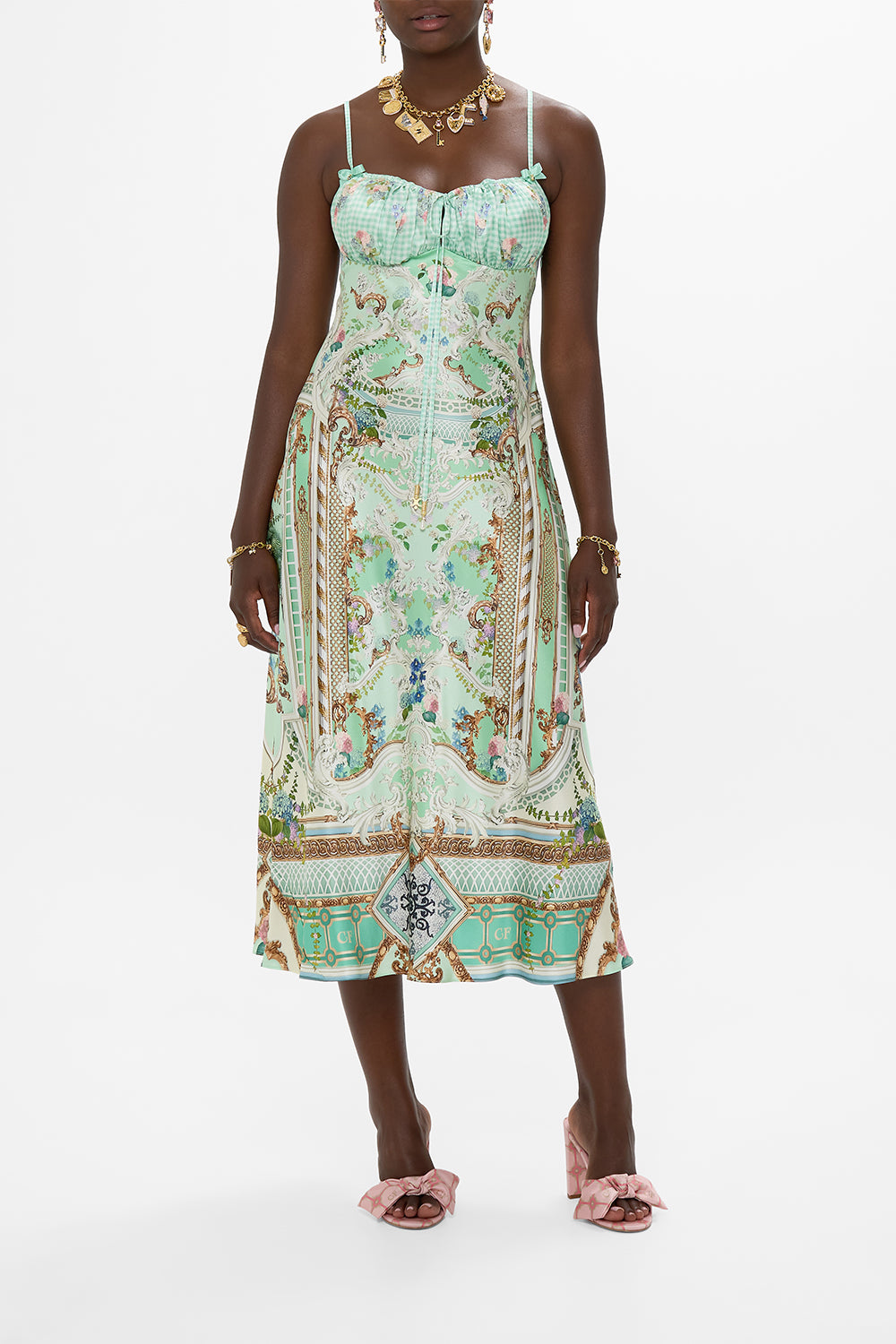 CAMILLA Gathered Bodice Bias Dress in Pestana Panorama print