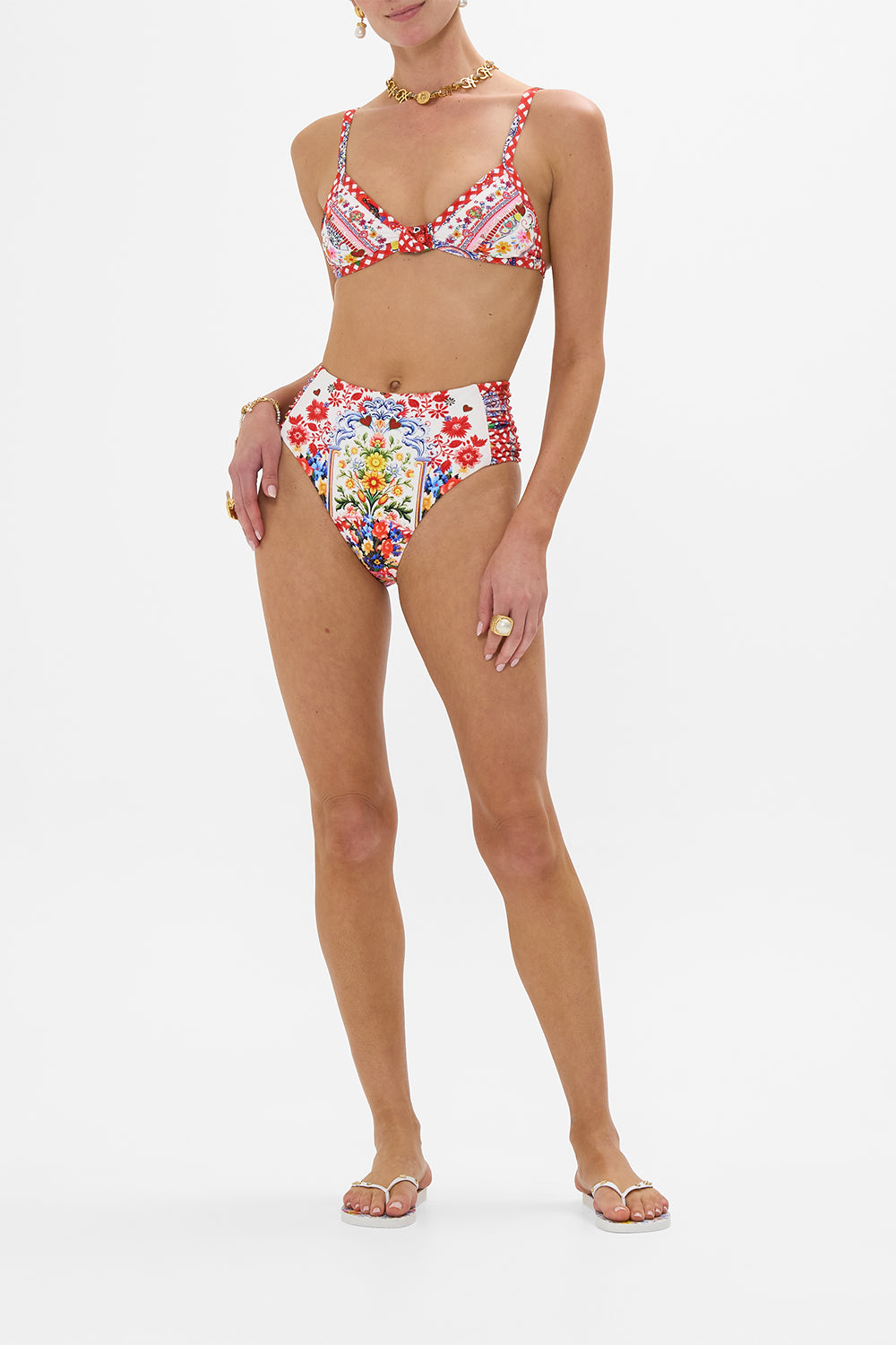 CAMILLA Ruched Side Pant in Faith, Luck & Justice print