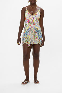 CAMILLA Layered Short Sarong With Tie Front in Flor Fantástica print
