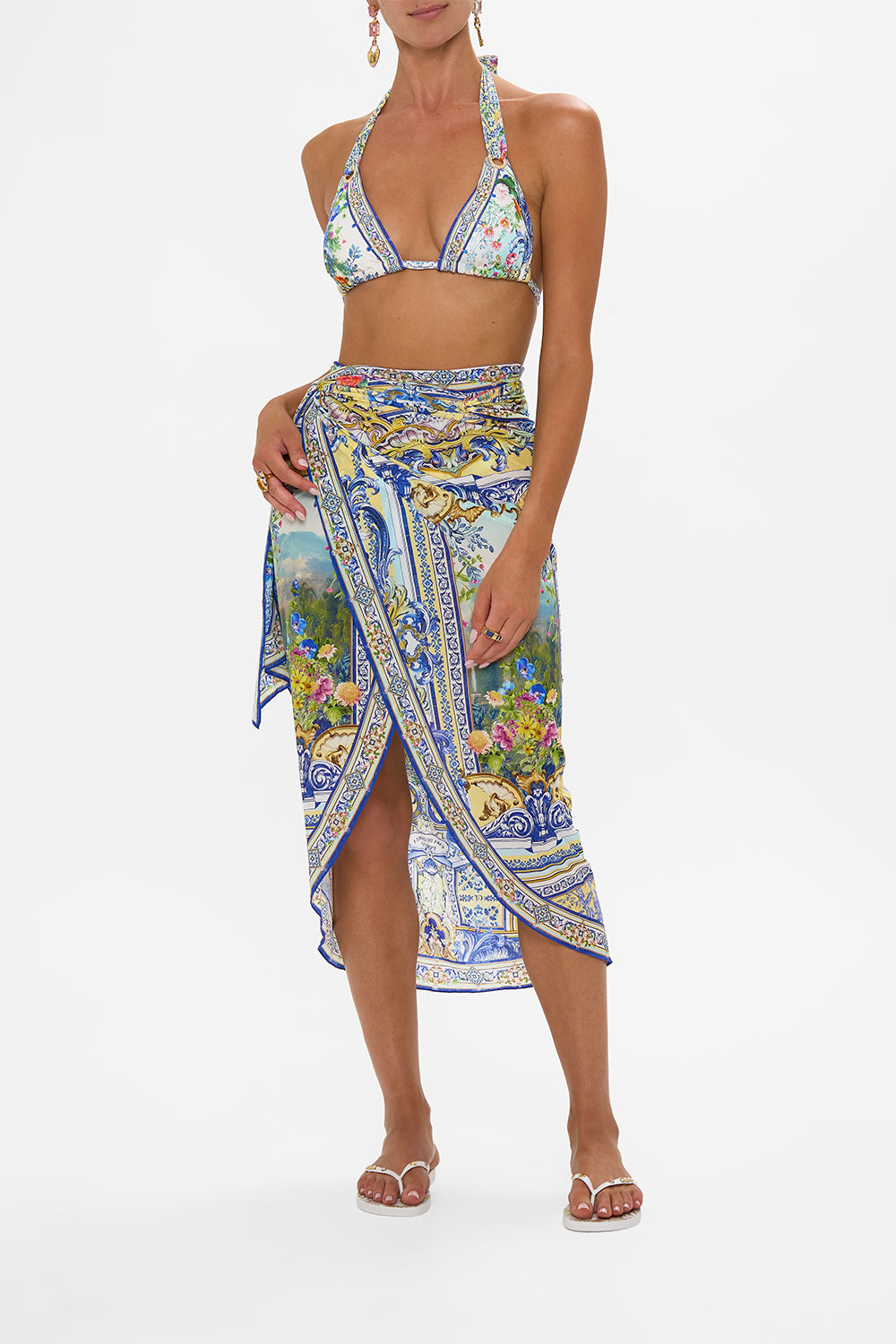 CAMILLA Long Eyelet Sarong in Wall To Wall Wonders print