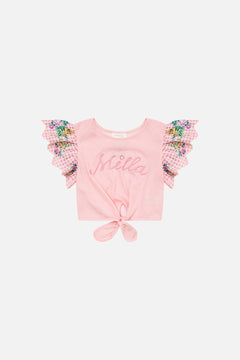 CAMILLA Kids Cropped Embroidered Tee With Tie 12-14 in Lisbon Lullaby print