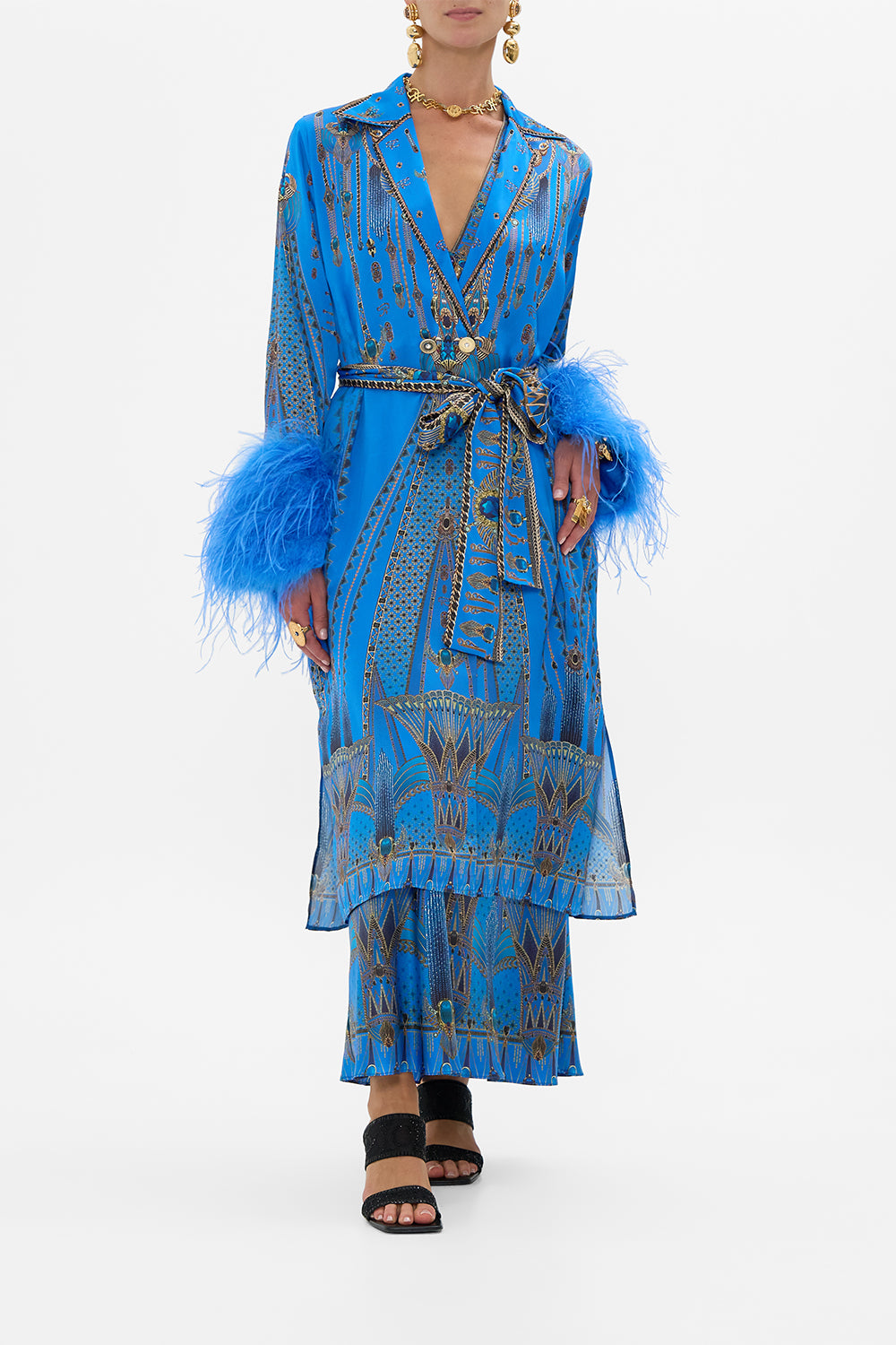 CAMILLA Split Cuff Soft Coat With Feathers in Archival Revival print