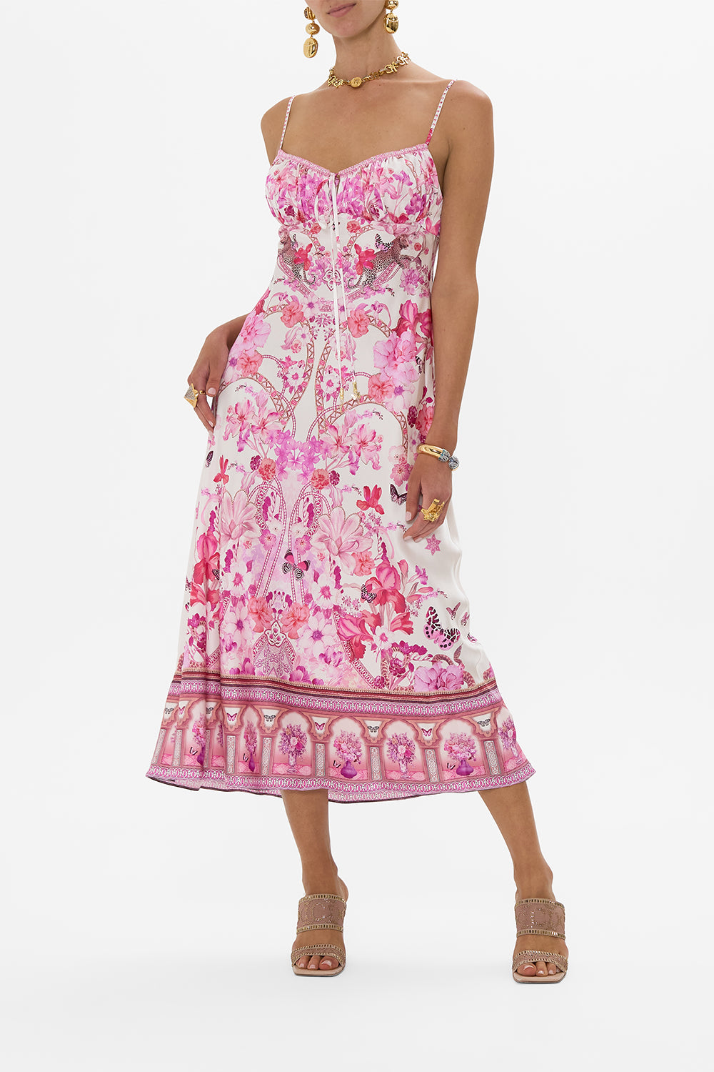 CAMILLA Gathered Bodice Bias Dress in Botanical Novella print