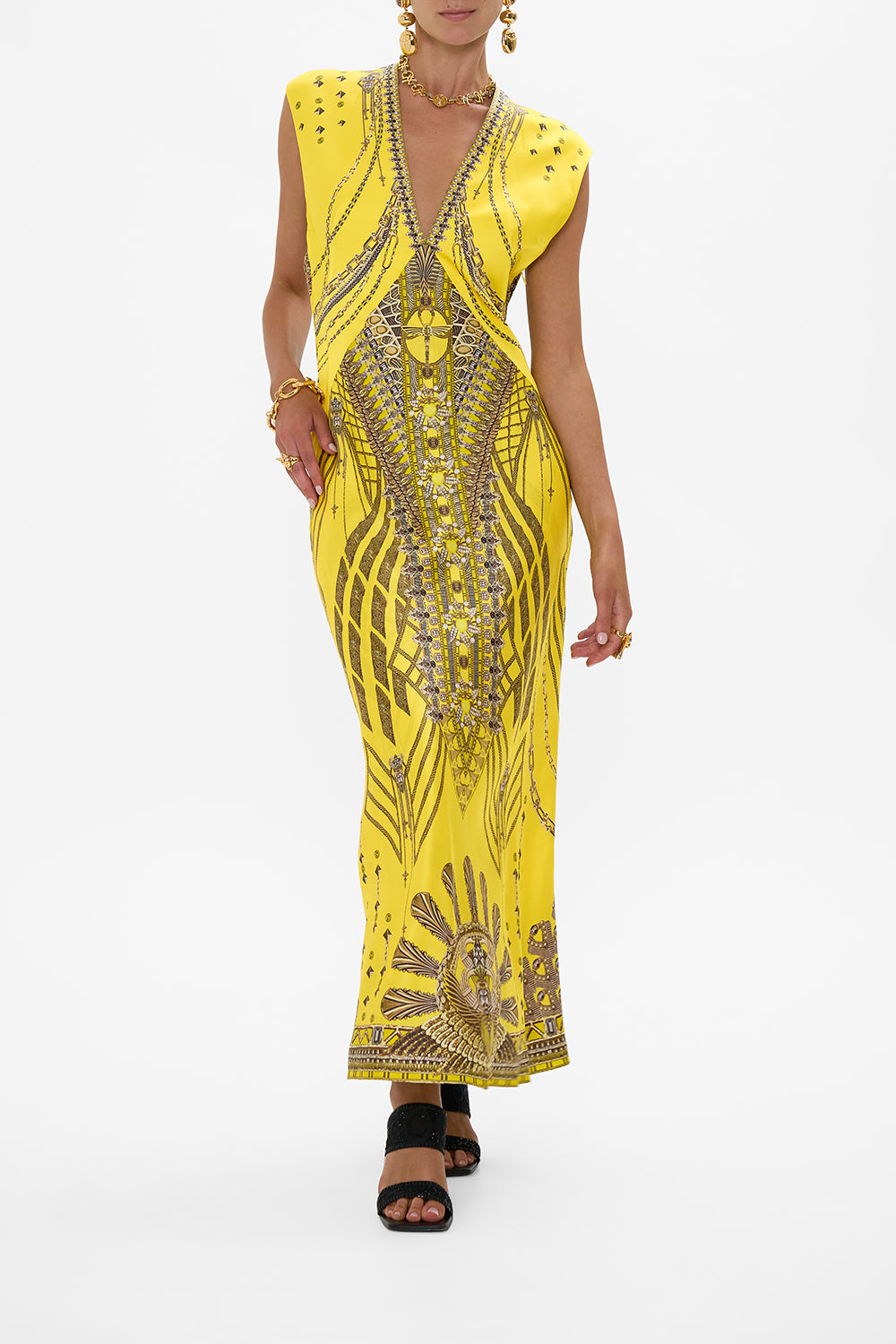 CAMILLA Extended Shoulder Dress With T Back in Shrine Of Sunshine print