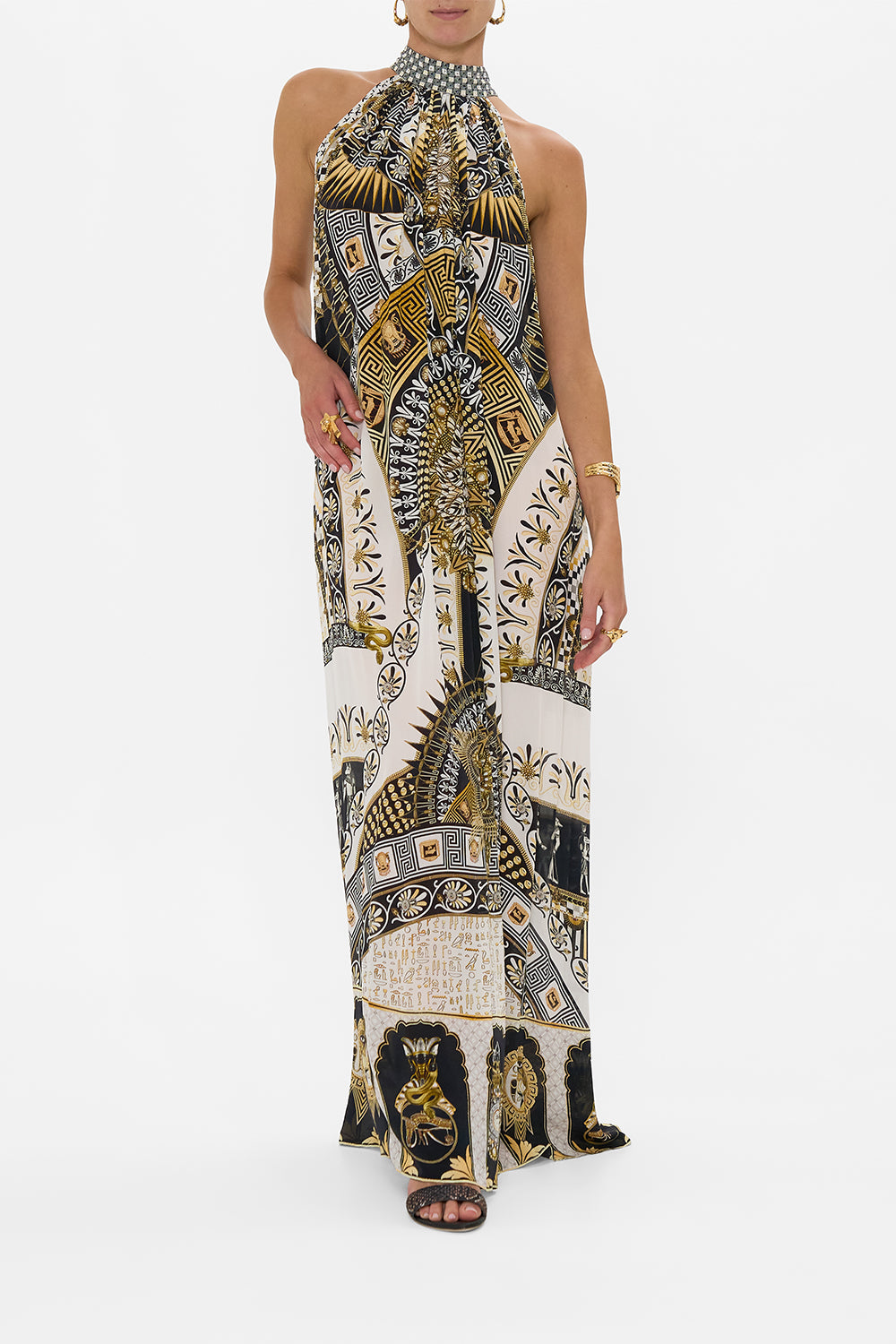 CAMILLA Tie Neck Long Dress in Temples Of Dendara print