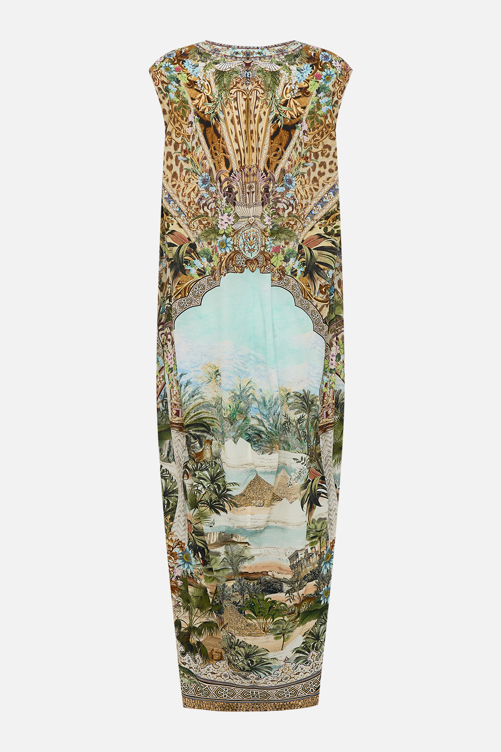 CAMILLA Sleeveless Drape Back Dress in Views of the Valley Print.