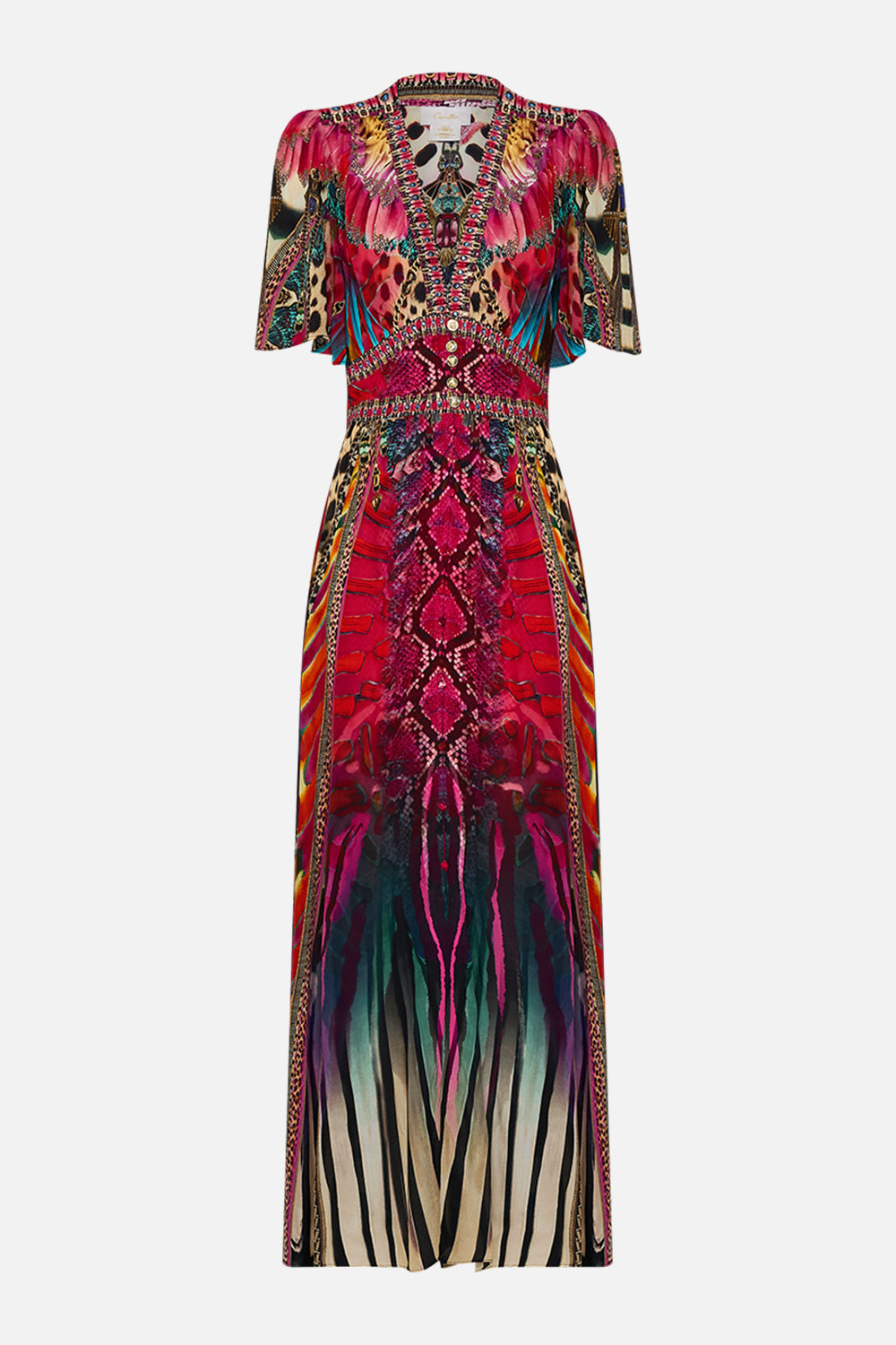 CAMILLA Shaped Waistband Dress with Flutter Sleeves in Sahara Supernatural print.