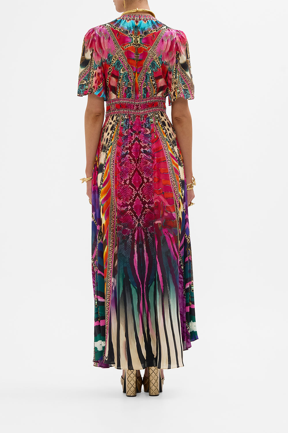 CAMILLA Shaped Waistband Dress with Flutter Sleeves in Sahara Supernatural print.