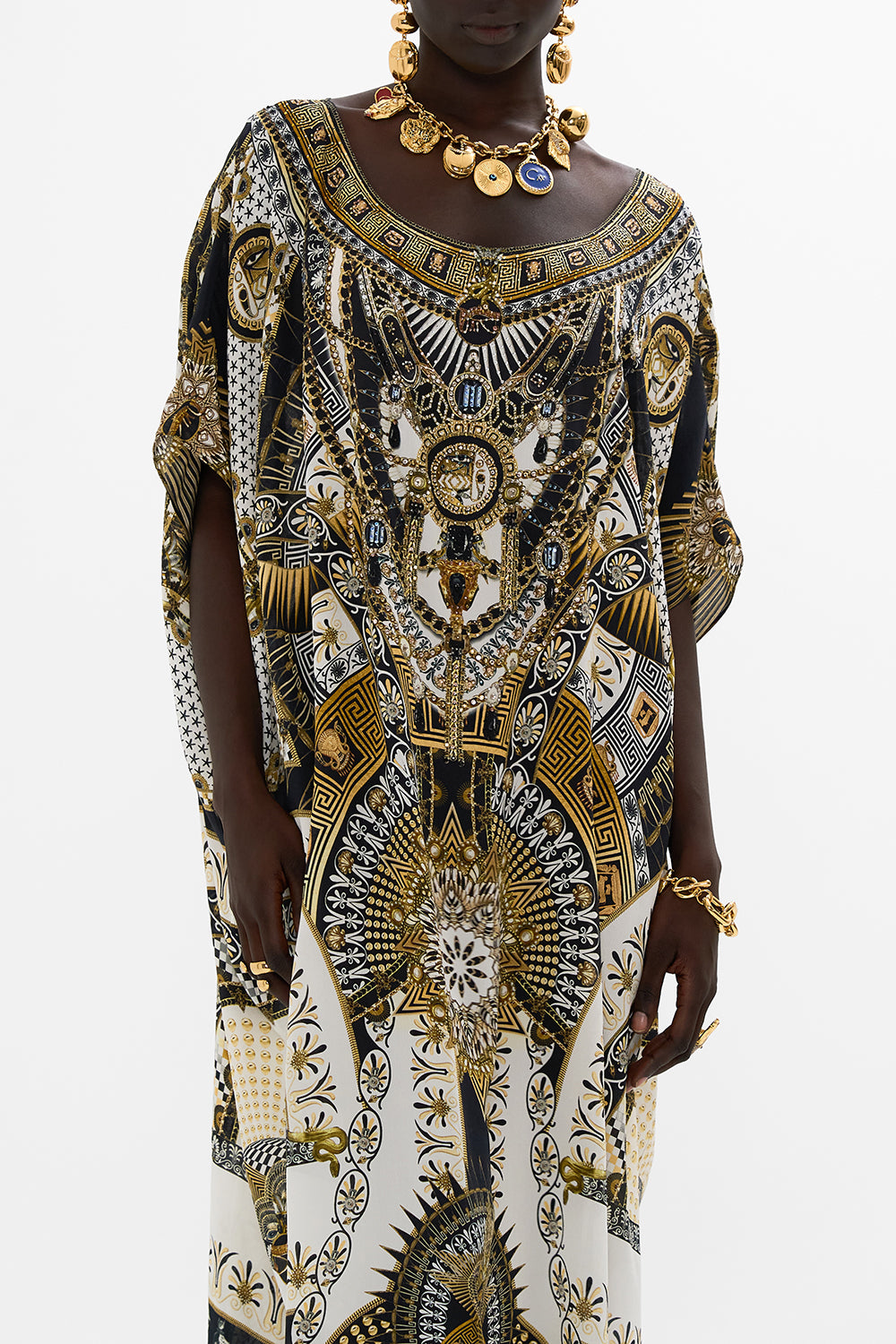 CAMILLA Round Neck Kaftan in Temples Of Dendara Print.