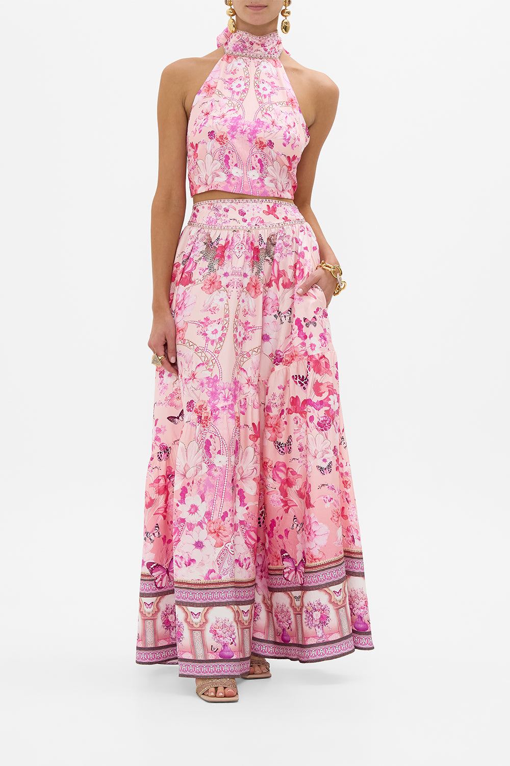 CAMILLA Halter Tie Back Top in Botanical Novella print