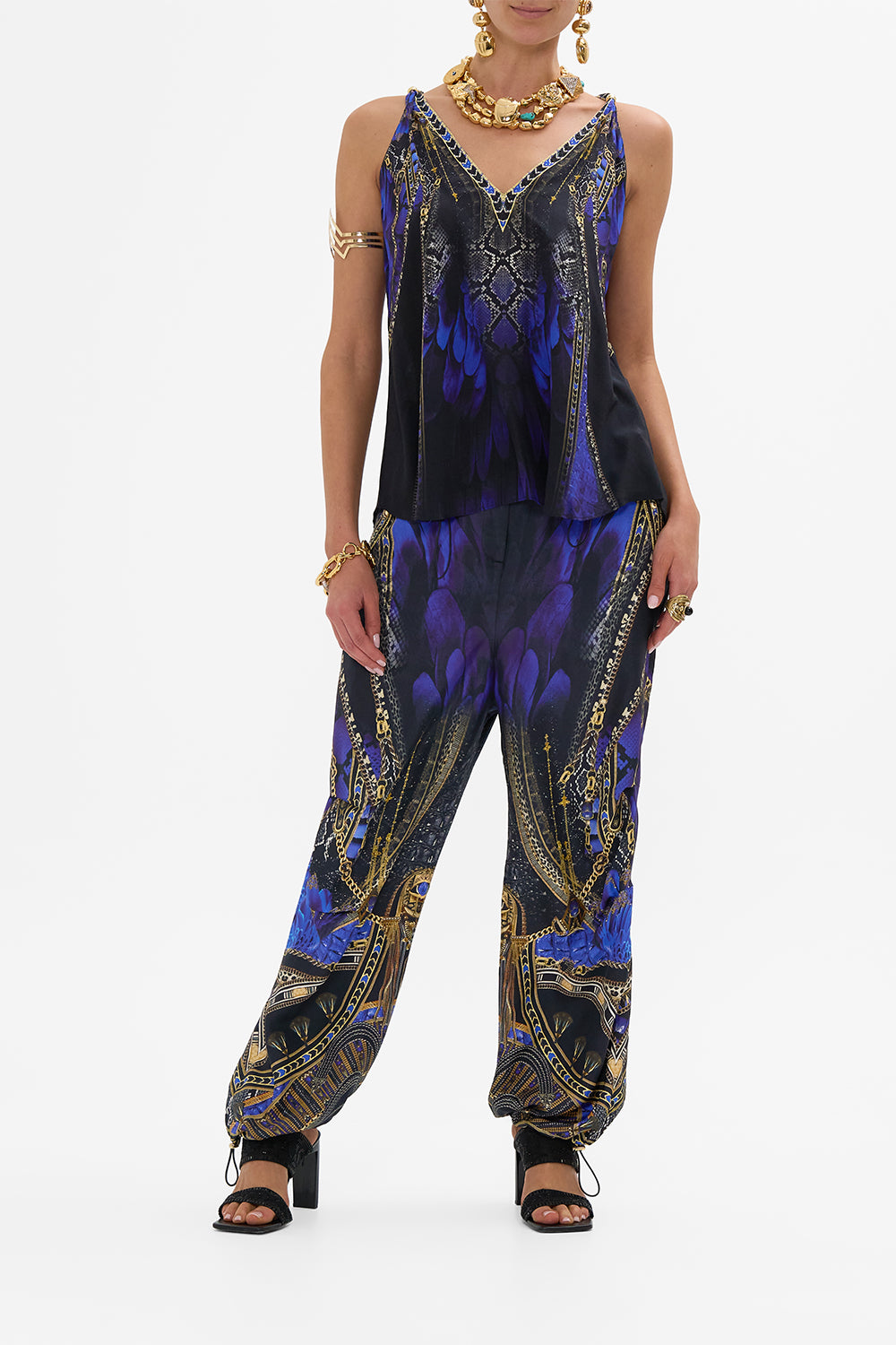 CAMILLA Tank Top with Strap Bead Detail in Other Side of the Oasis print.