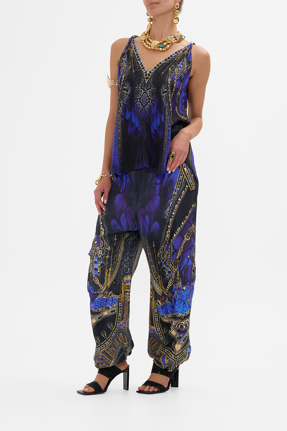 CAMILLA Tank Top with Strap Bead Detail in Other Side of the Oasis print.