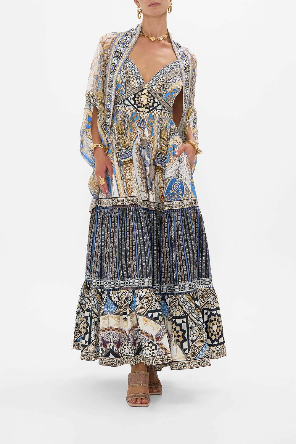 CAMILLA Open Front Cardi Cape in Make Me Your Mosaic Print.