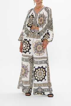 CAMILLA Lace Up Front Blouson Sleeve Blouse in Tile Style print