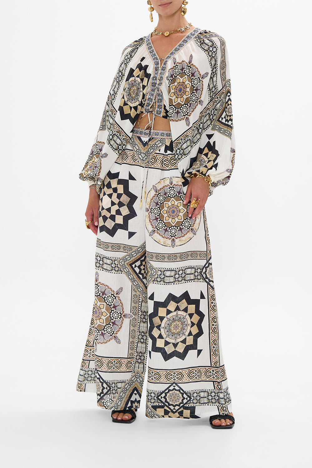 CAMILLA Lace Up Front Blouson Sleeve Blouse in Tile Style print