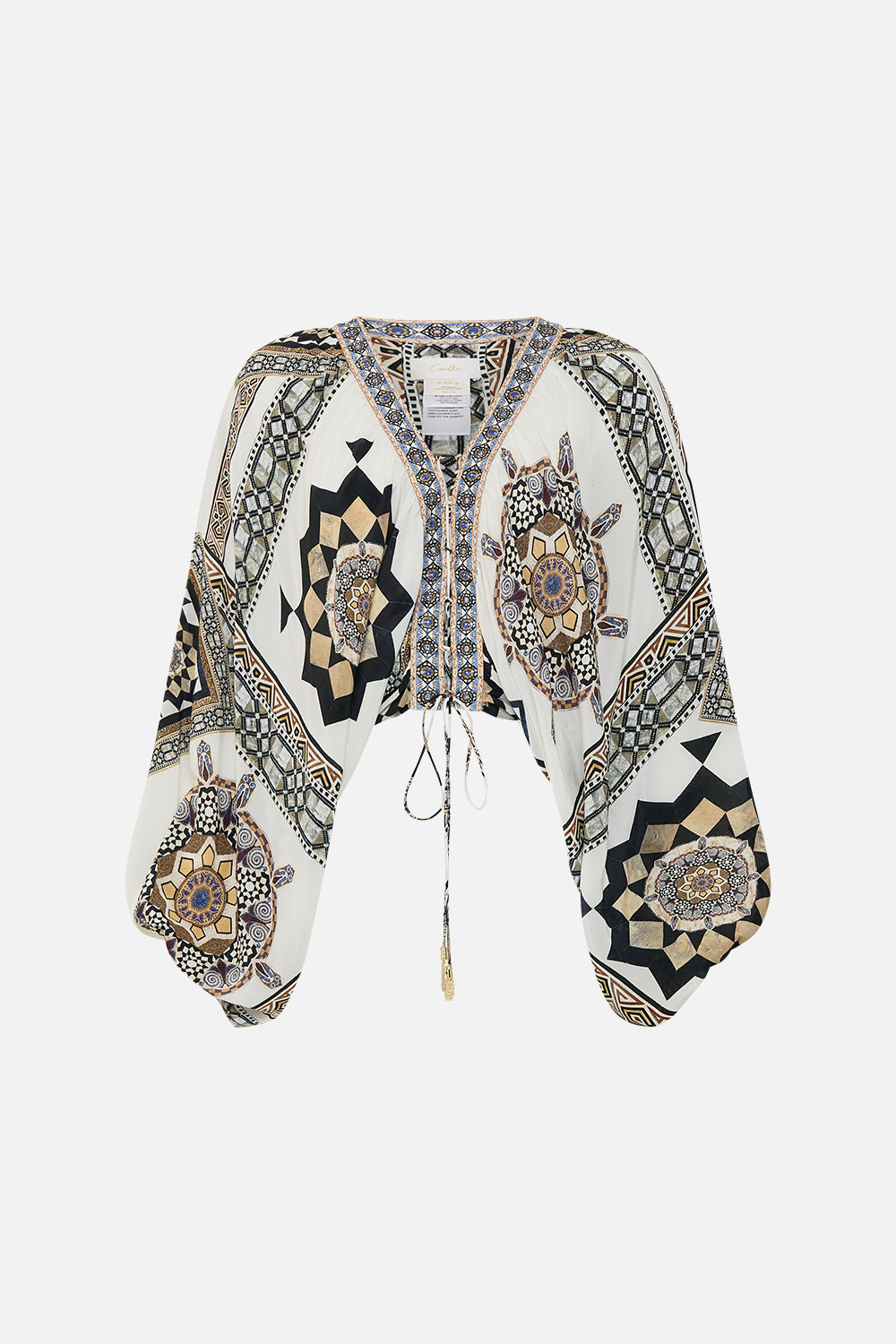 CAMILLA Lace-Up Front Blouson Sleeve Blouse in Tile Style Print