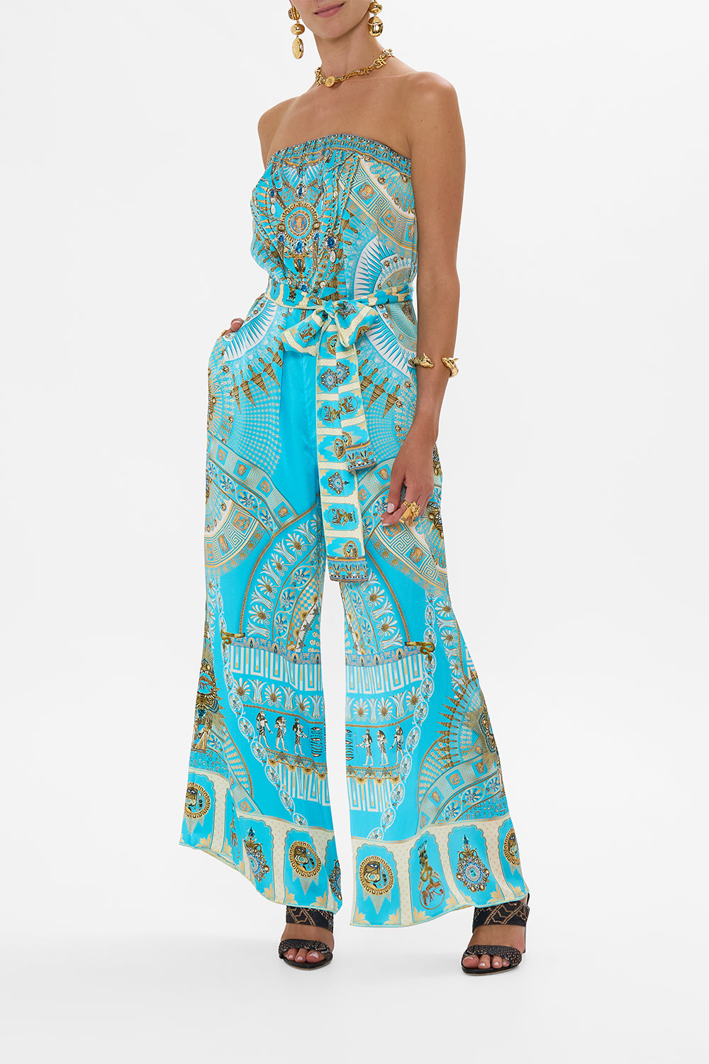 CAMILLA Tie Waist Strapless Jumpsuit in Temple Of Light print
