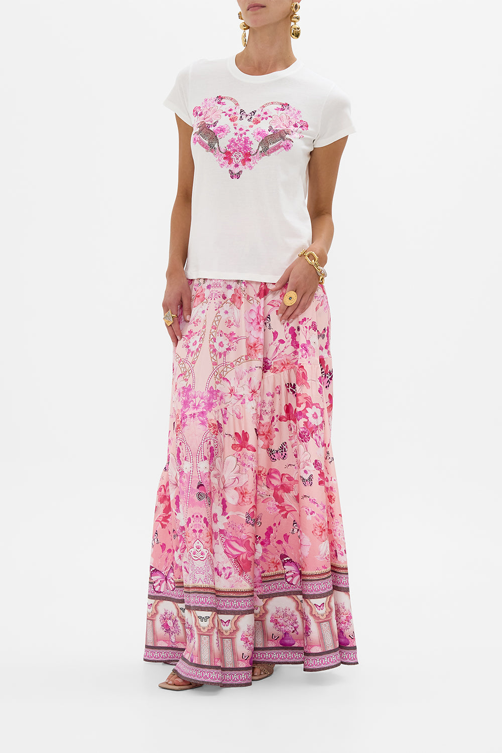 SLIM FIT ROUND NECK T-SHIRT - WHITE/ PINK BOTANICAL NOVELLA