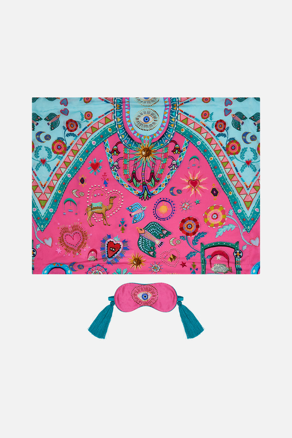 CAMILLA Eye Mask With Tassels And Pillow Case in Rainbow Roads print