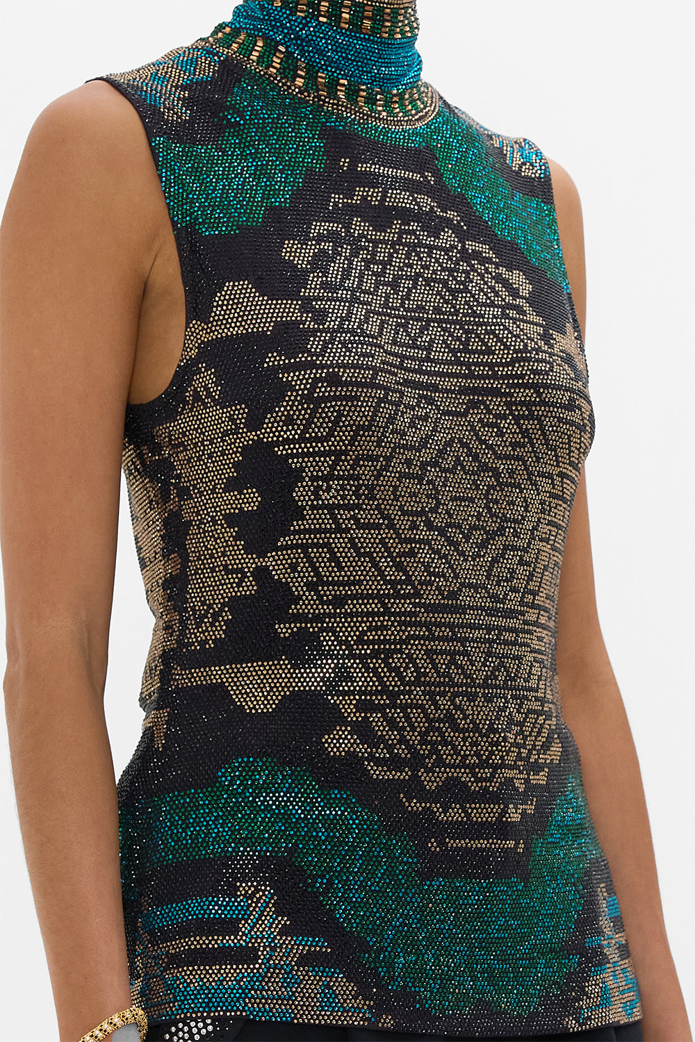 CAMILLA Sleeveless Jersey Turtleneck with Buttons in Other Side of the Oasis print.