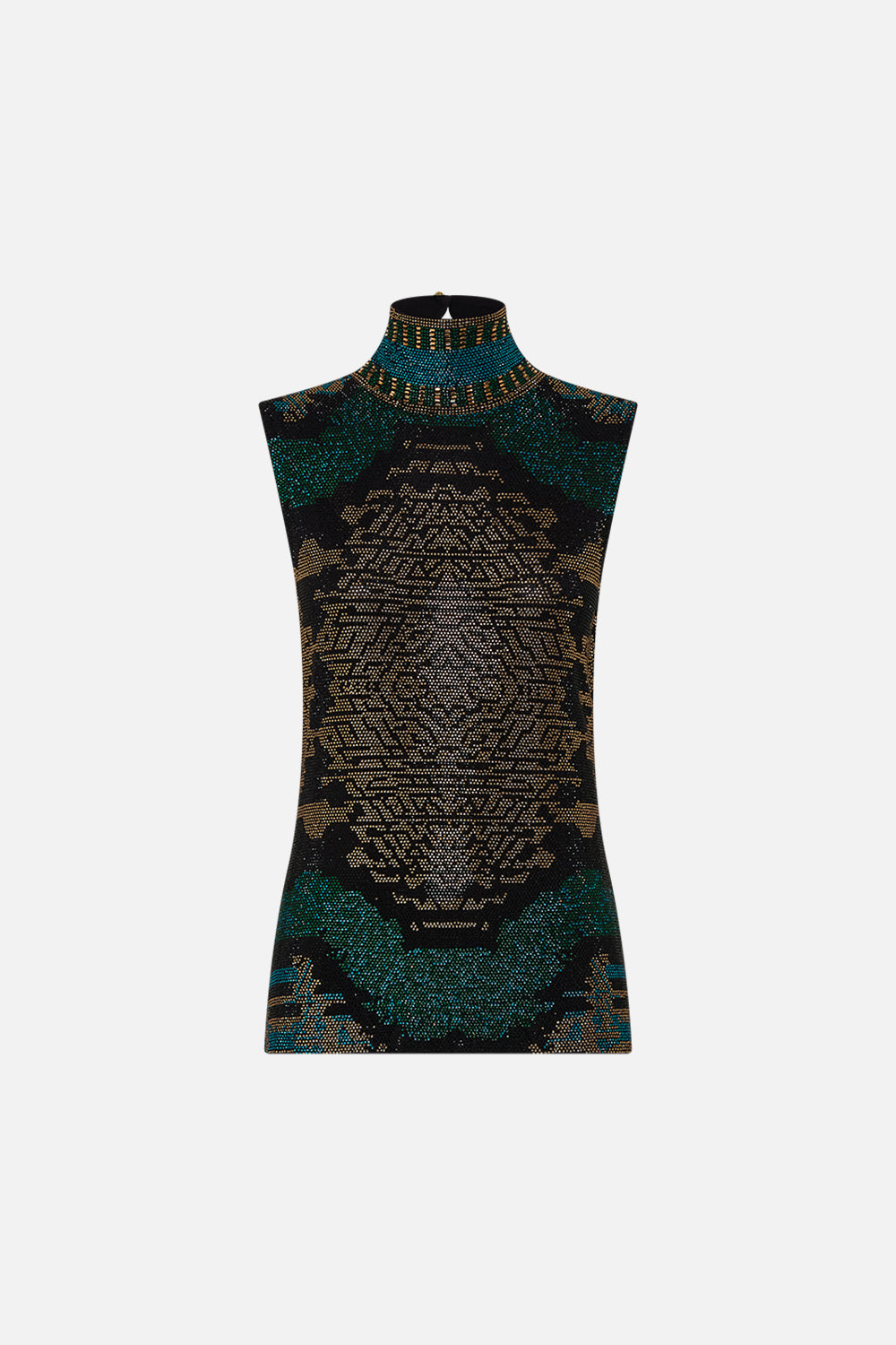 CAMILLA Sleeveless Jersey Turtleneck with Buttons in Other Side of the Oasis print.