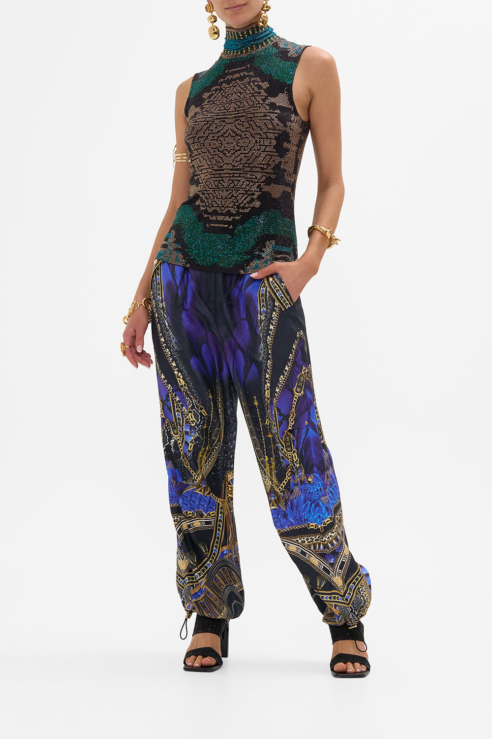 CAMILLA Sleeveless Jersey Turtleneck with Buttons in Other Side of the Oasis print.