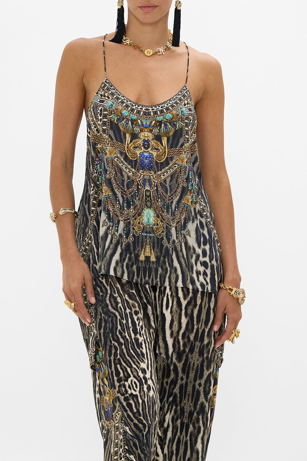 CAMILLA T Back Shoestring Top in Cat Worship print.