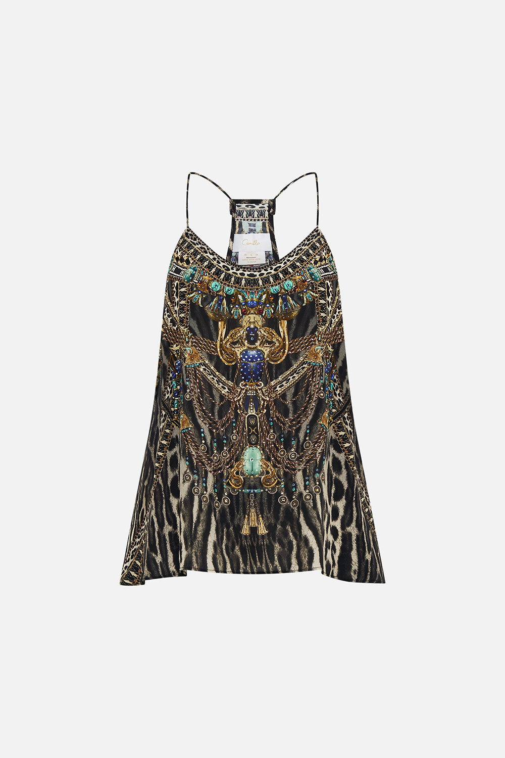 CAMILLA T Back Shoestring Top in Cat Worship print.