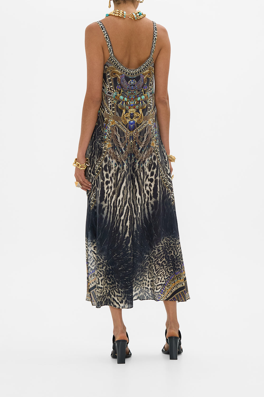 CAMILLA V Neck Midi Slip Dress in Cartouche Kingdom print. 