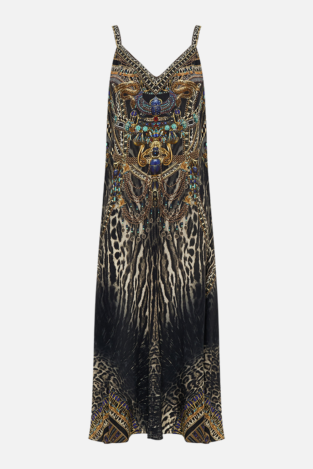 CAMILLA V Neck Midi Slip Dress in Cartouche Kingdom print. 