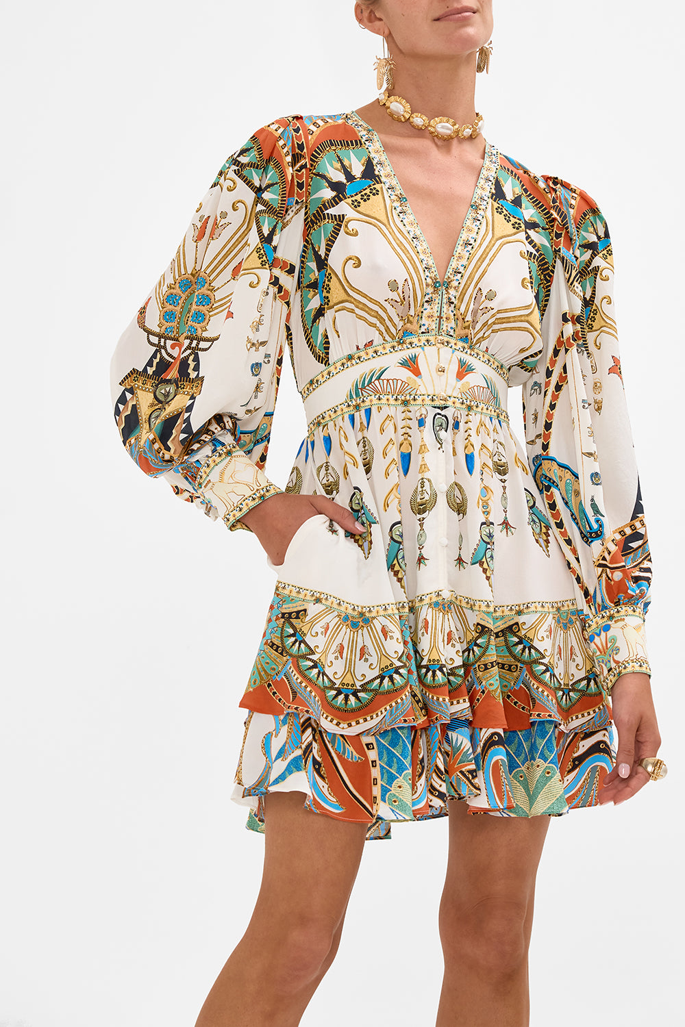 CAMILLA Button Front Frill Dress in Valley of the Queens print