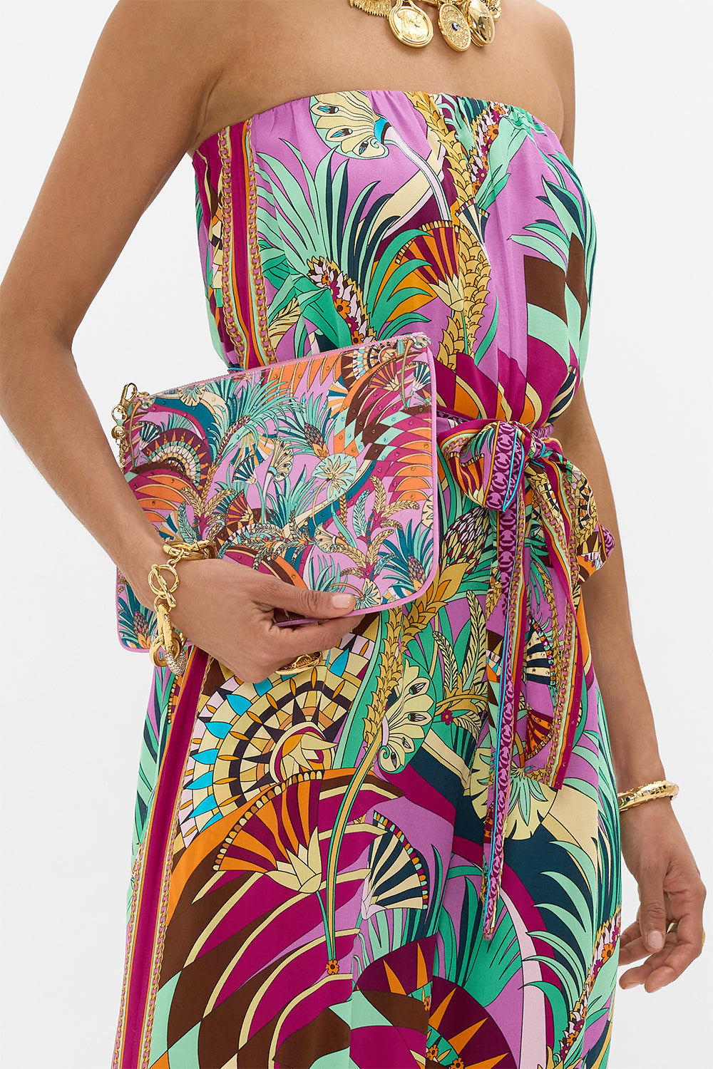 CAMILLA Small Canvas Clutch in Giza Goddess print. 