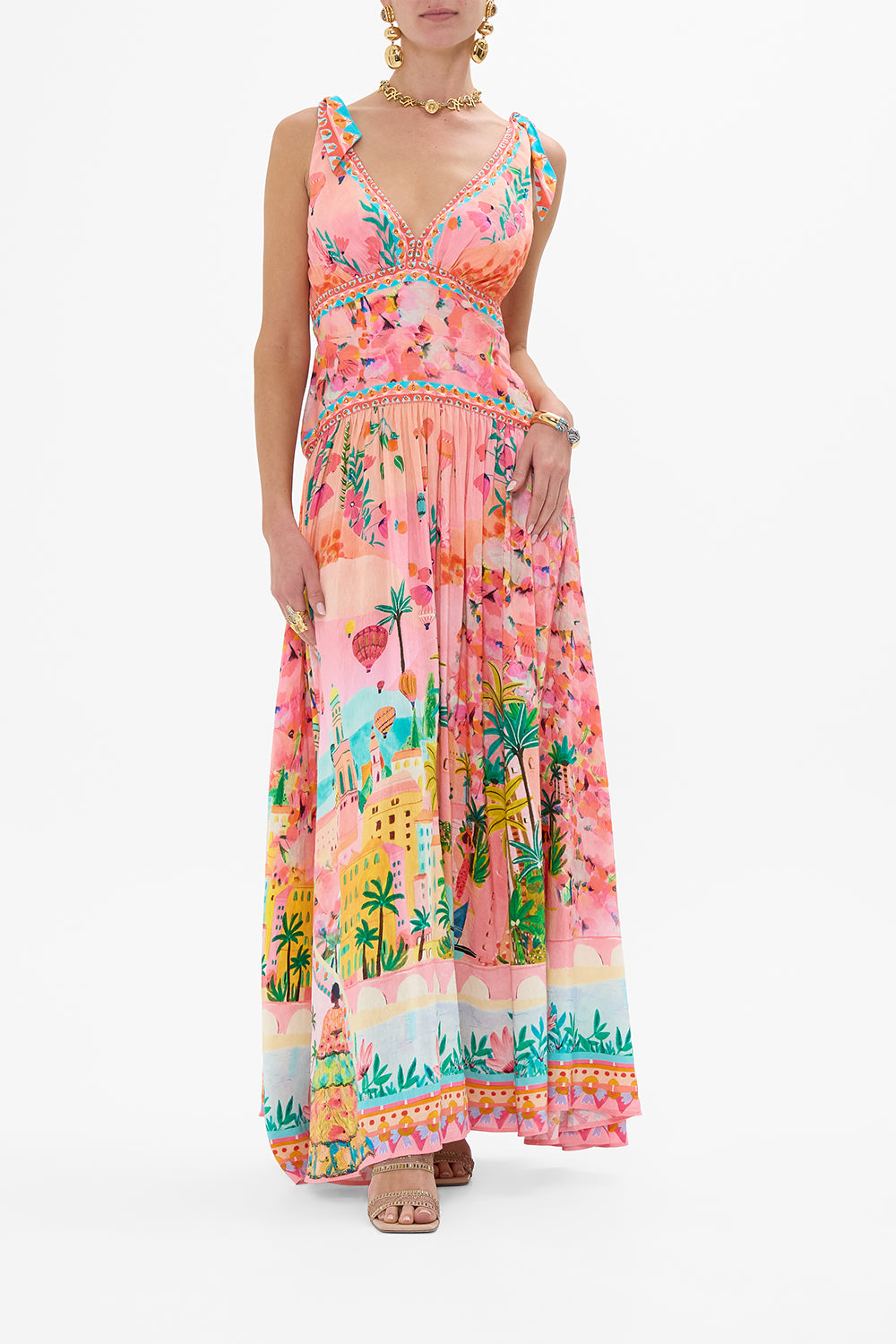 CAMILLA Tie Shoulder Dress in Sister Sunset print. 