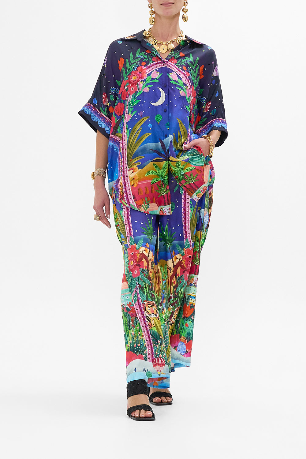 CAMILLA Oversized Pocket Tunic in Mdinight Muses print. 