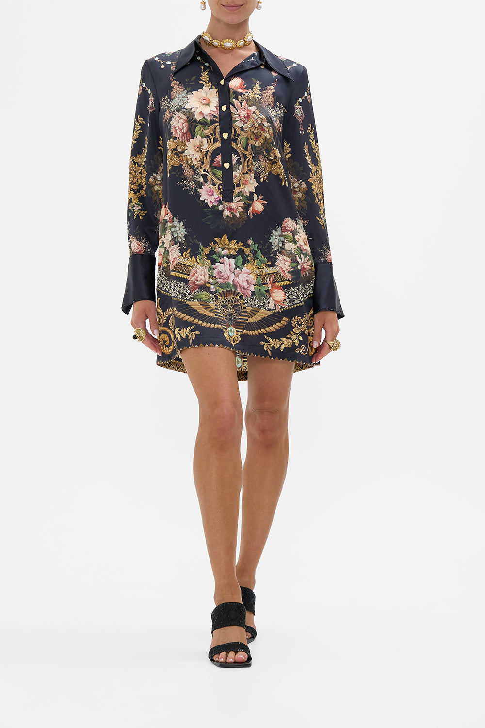 CAMILLA mini shirt dress in Dynasty Daze print. 