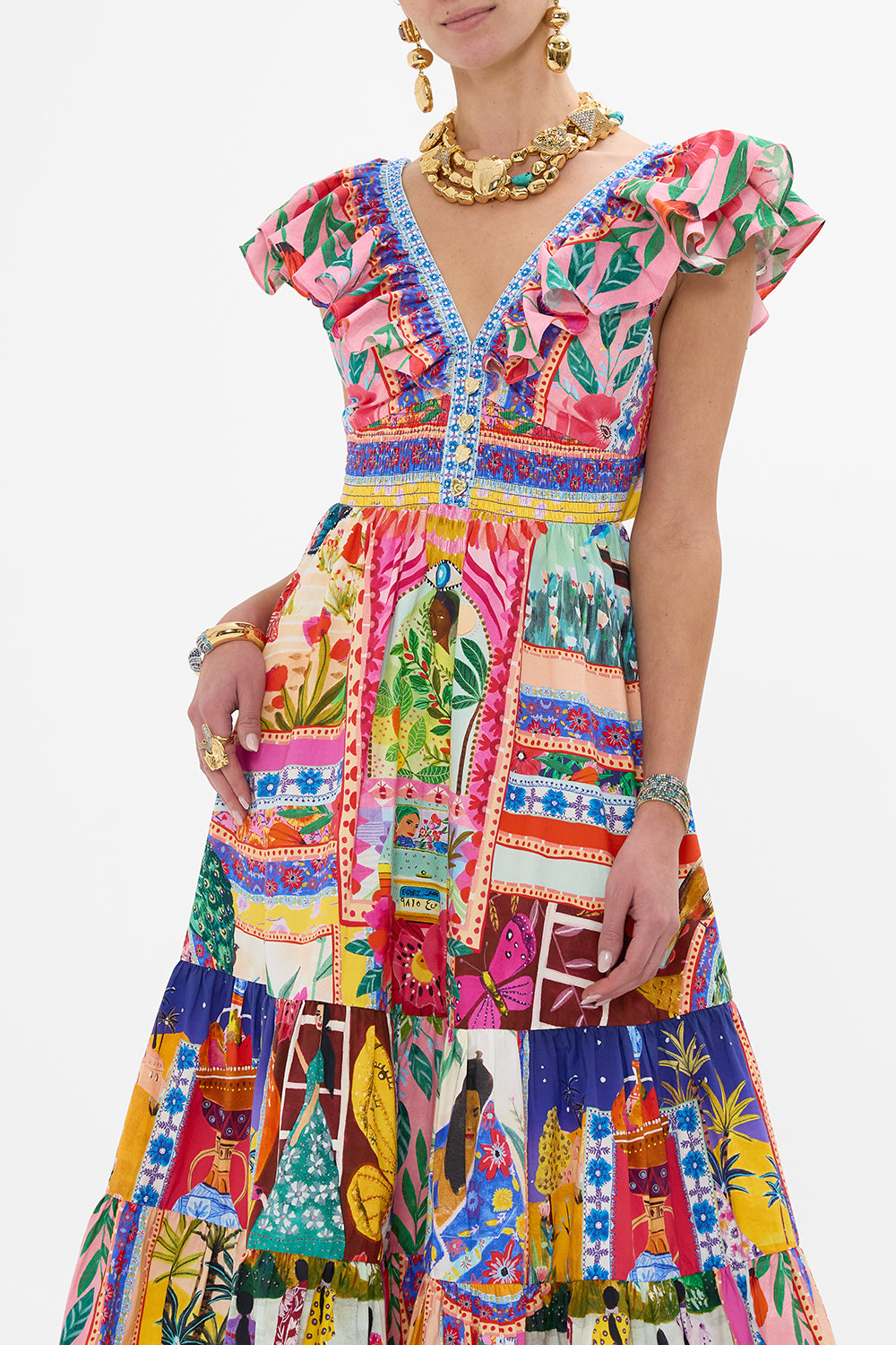 CAMILLA Tiered Dress With Neck Frill in Roeqiyas Realm print. 