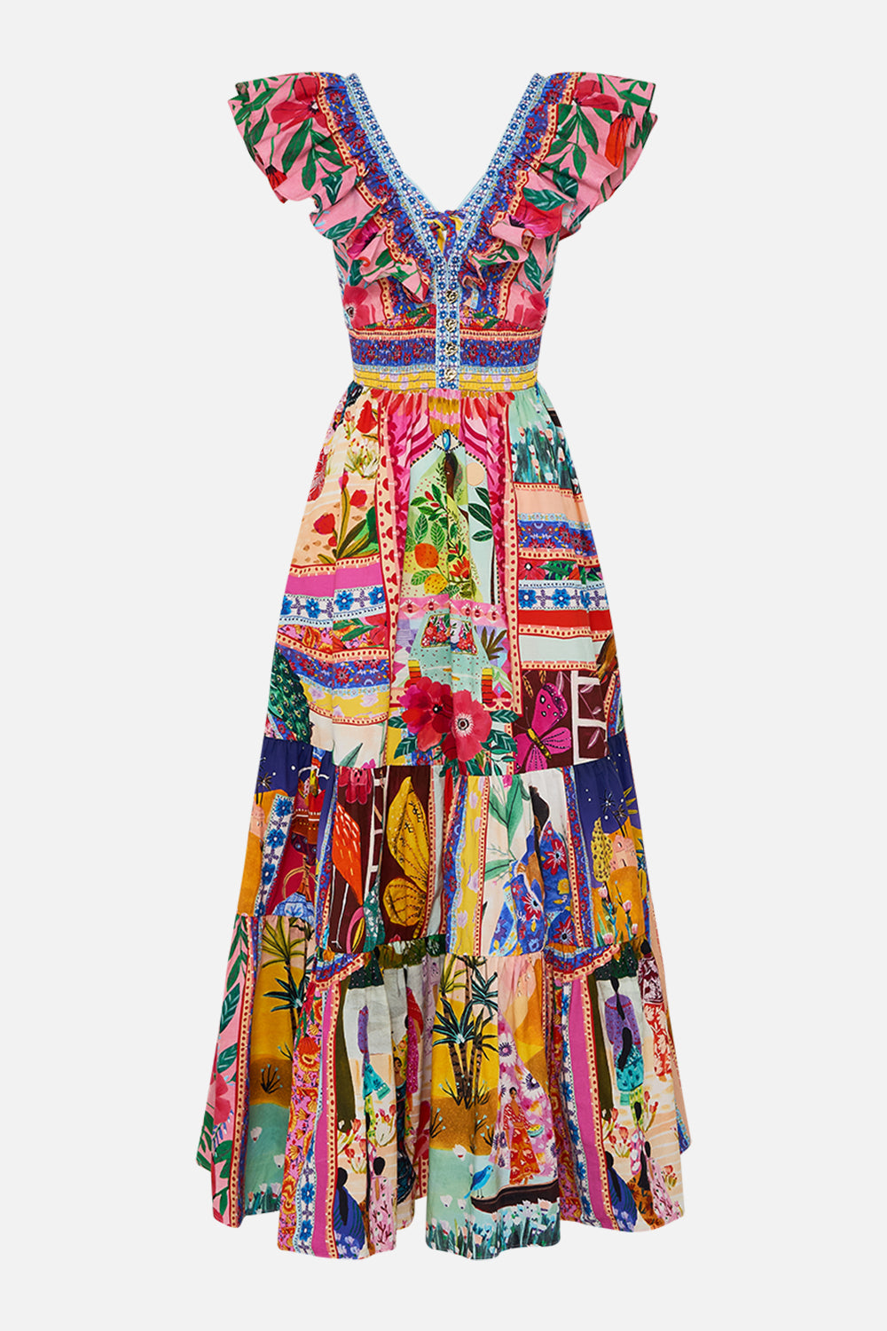 CAMILLA Tiered Dress With Neck Frill in Roeqiyas Realm print. 