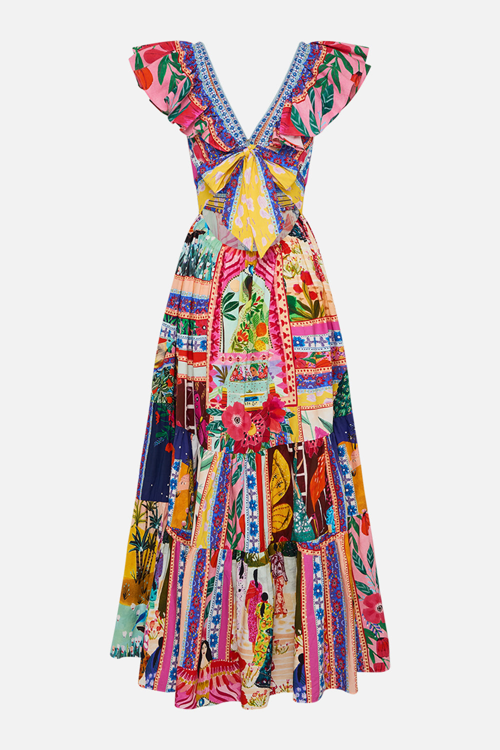 CAMILLA Tiered Dress With Neck Frill in Roeqiyas Realm print. 