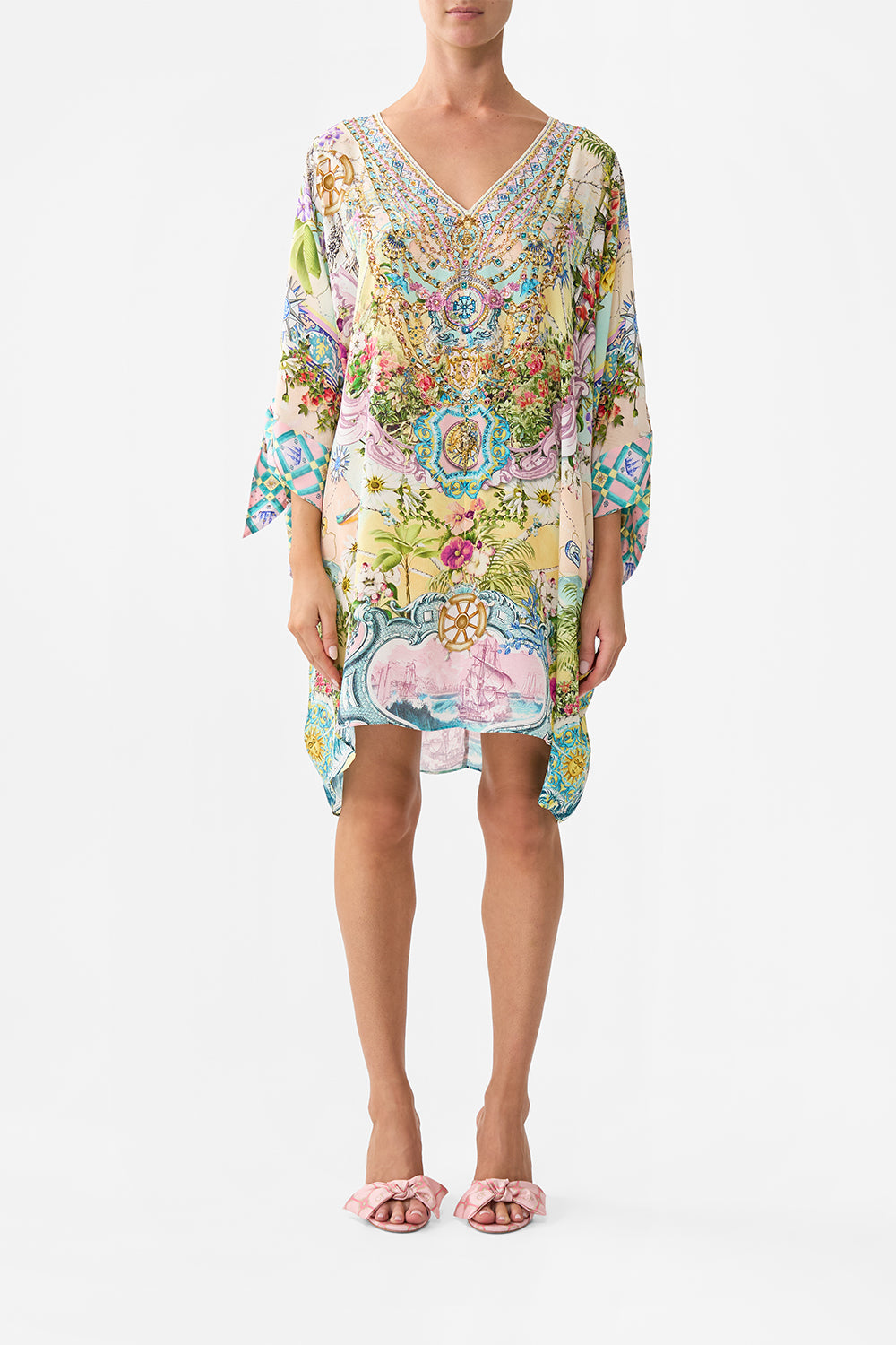 The CAMILLA Tie Sleeve Short V Neck Kaftan in our Just Coasting print.