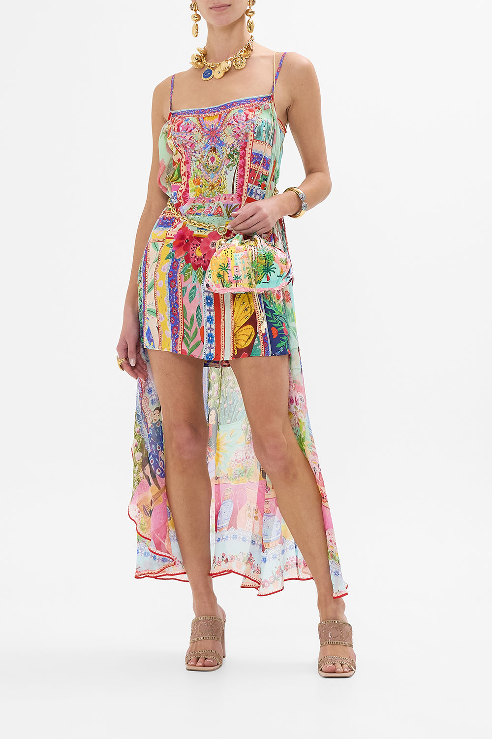 CAMILLA Drawstring Pouch With Chain Strap in Sister Sunset print. 