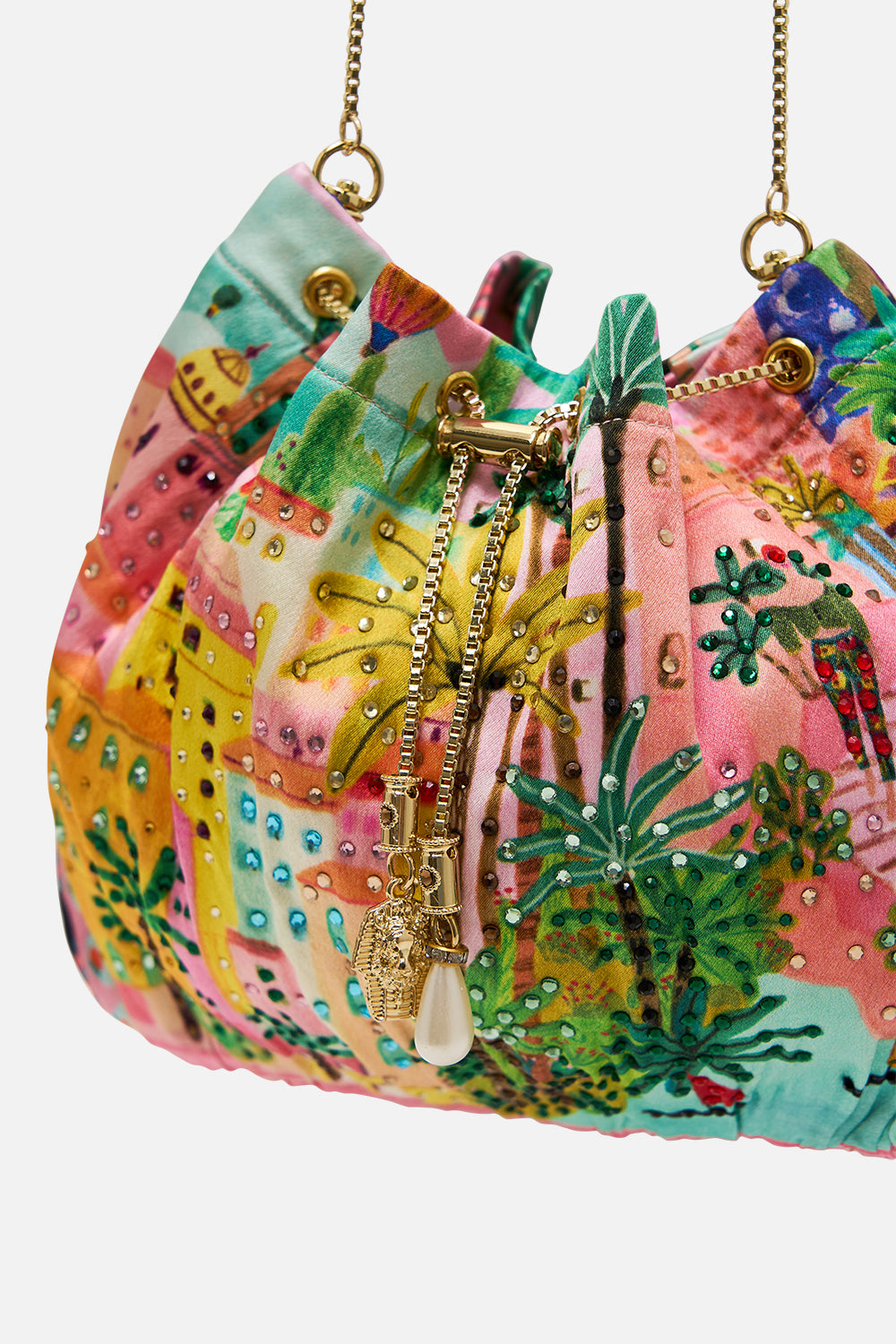 CAMILLA Drawstring Pouch With Chain Strap in Sister Sunset print. 