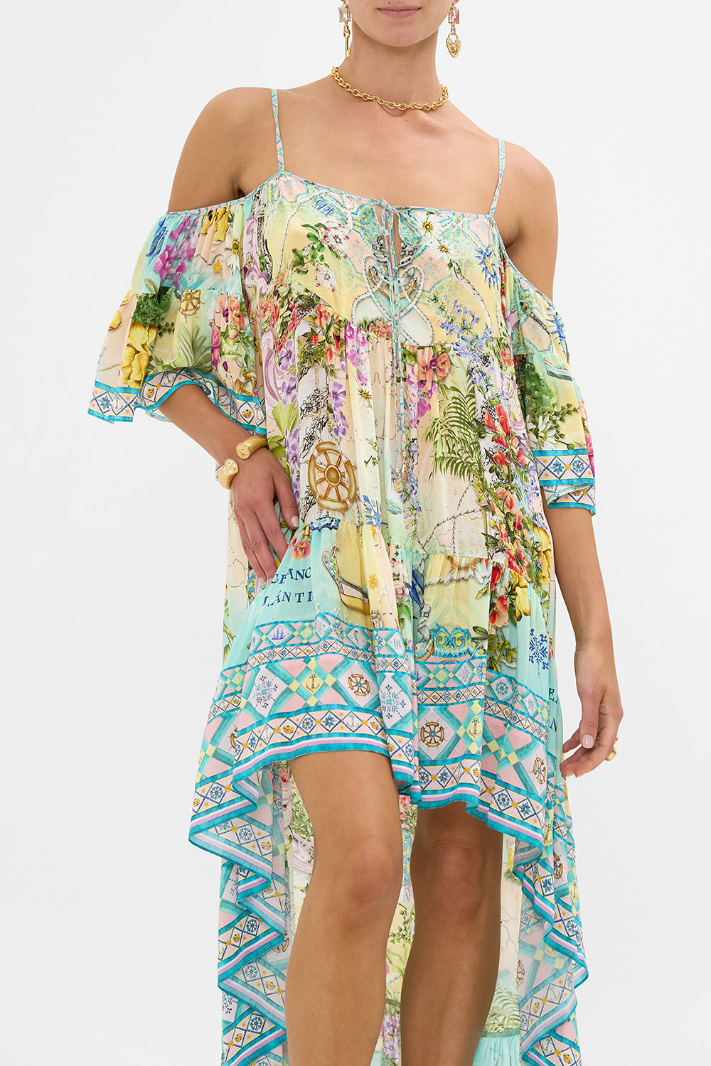 The CAMILLA Cold Shoulder High Low Dress in our Just Coasting print.