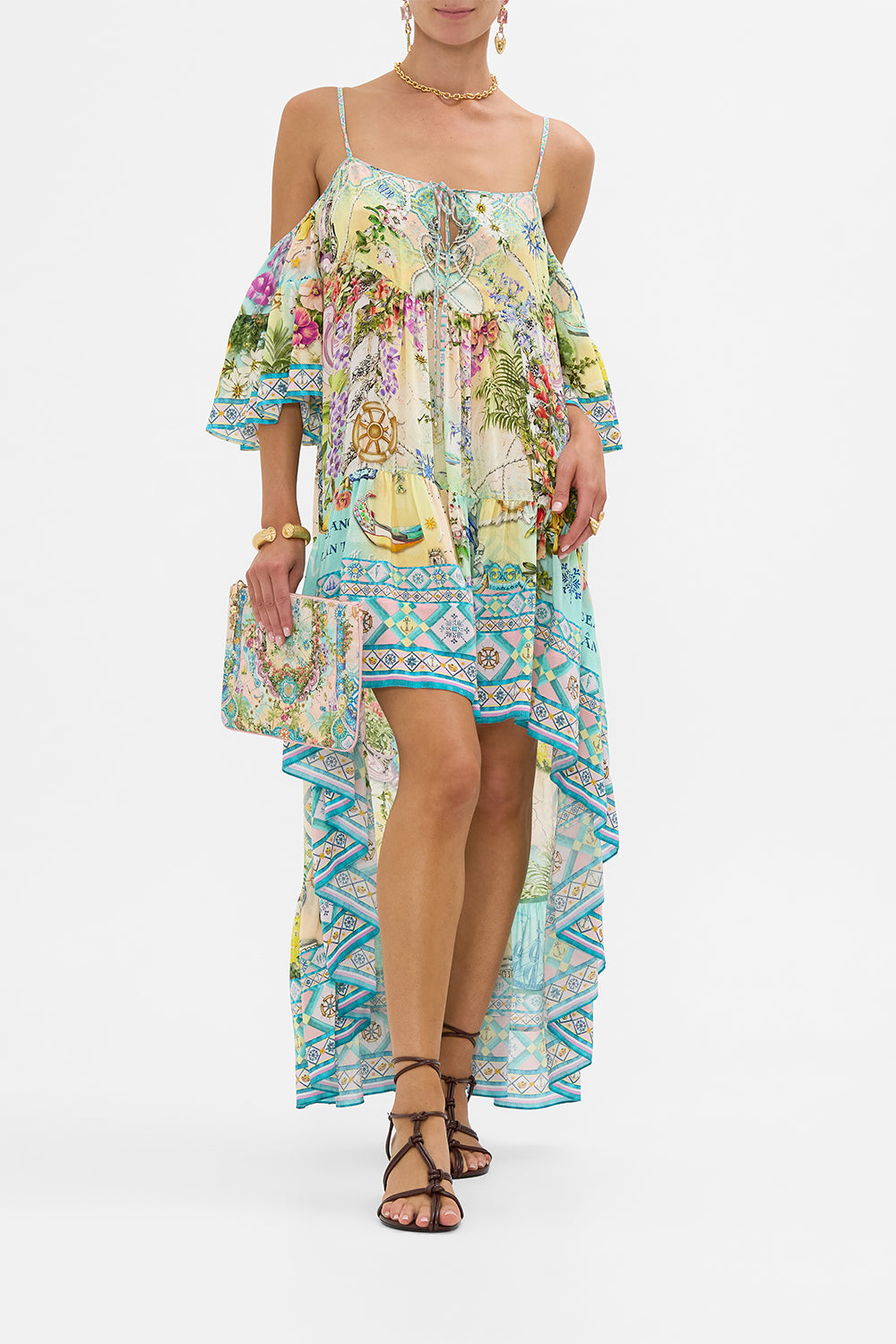 The CAMILLA Cold Shoulder High Low Dress in our Just Coasting print.