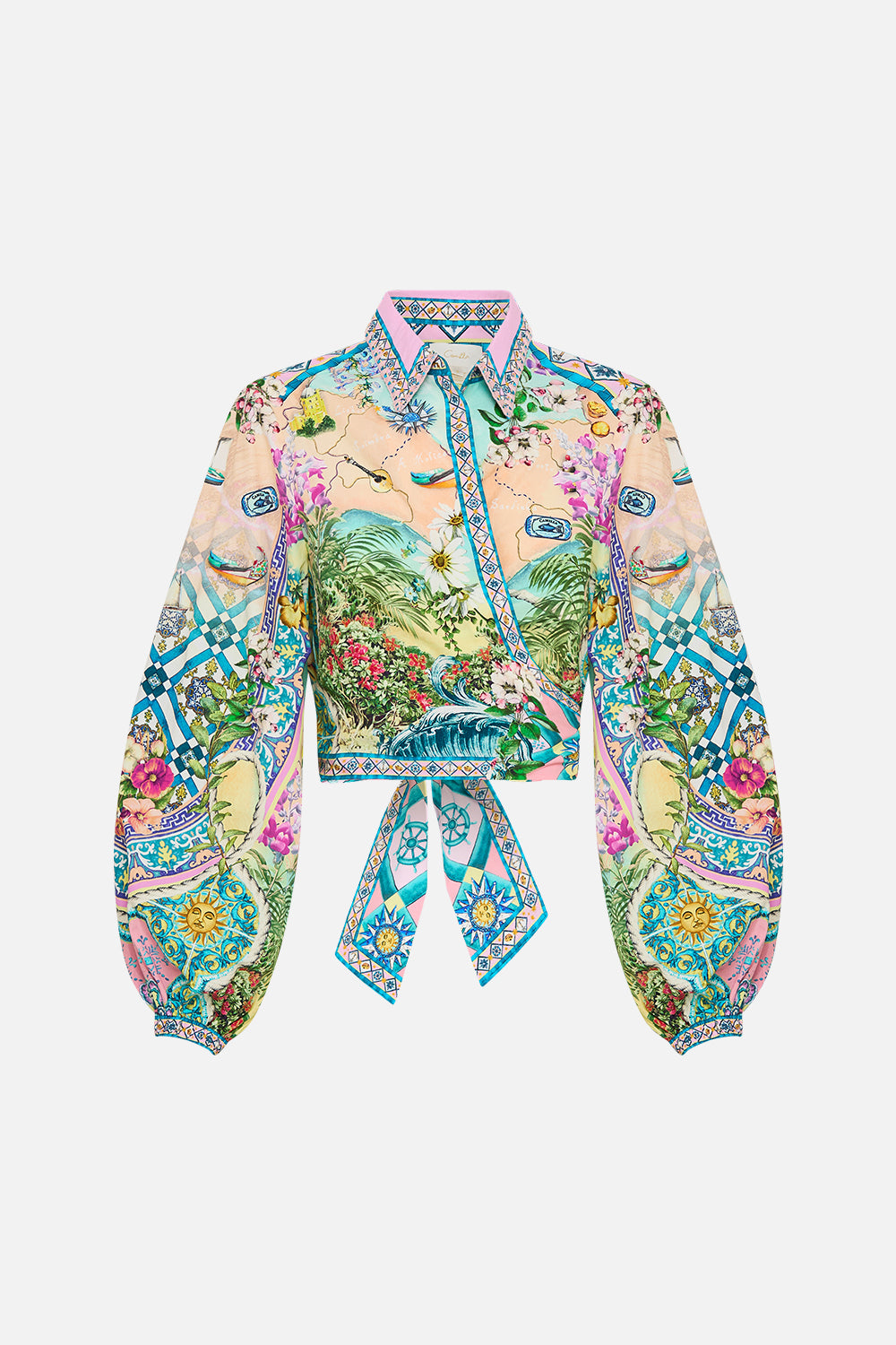 The CAMILLA Cropped Wrap Shirt in our Just Coasting print.