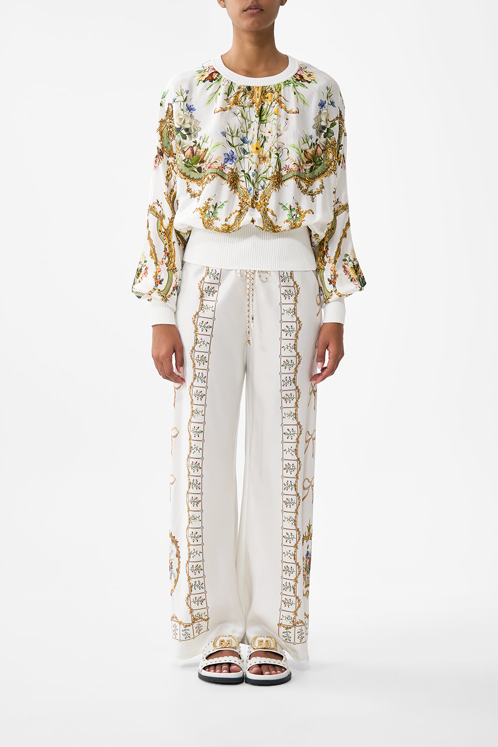 The CAMILLA Bias Cut Drawstring Pant in our Dressing Room Drama print.