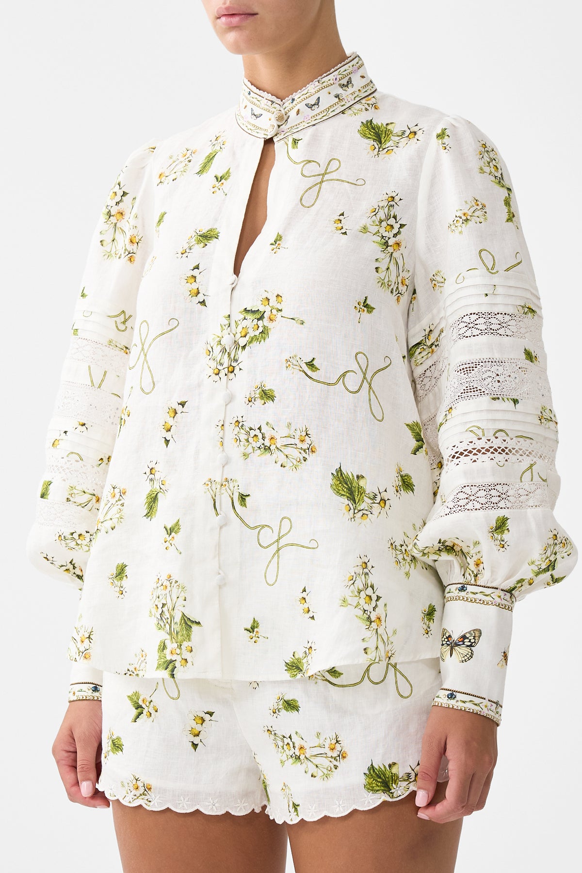 The CAMILLA Buttoned Collar Blouse With Blouson Sleeve in our Botanical Utopia print.