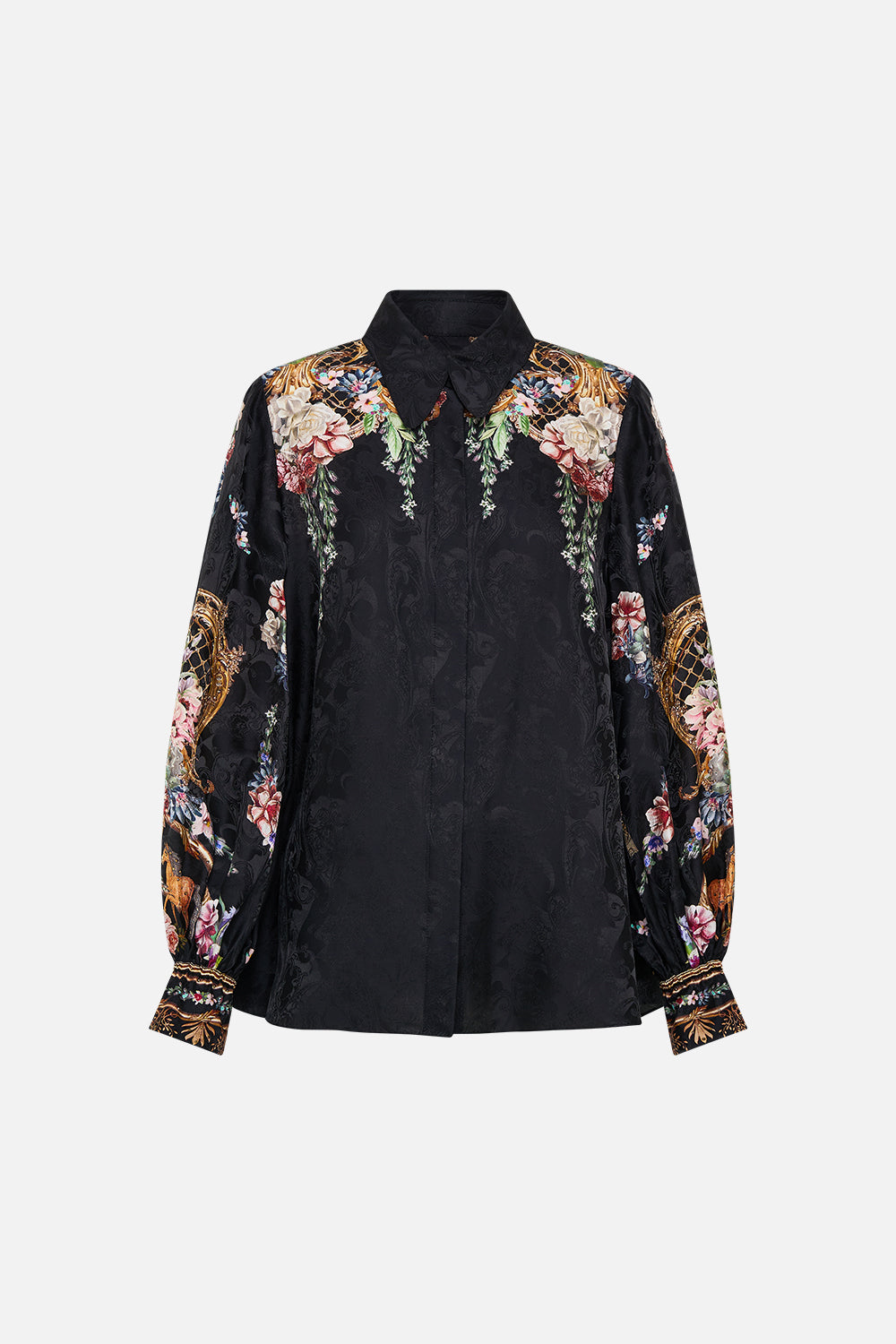 The CAMILLA Curved Collar Blouse in our Noble Endeavours print.
