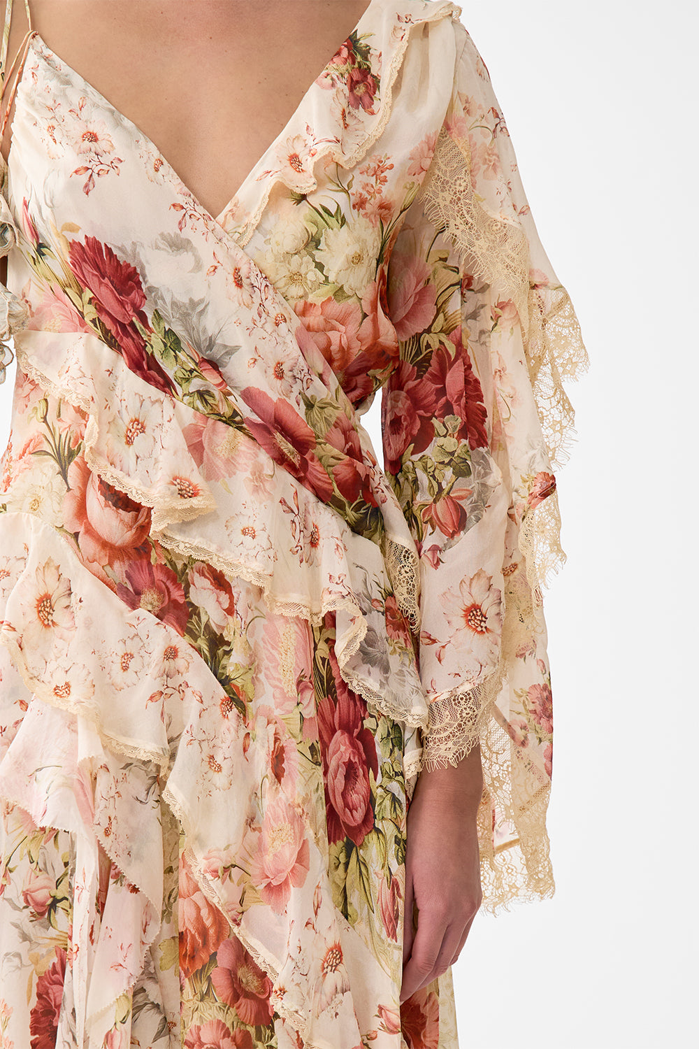 The CAMILLA Asymmetric Spliced Ruffle Dress in our Meet Me At The Majestic print.