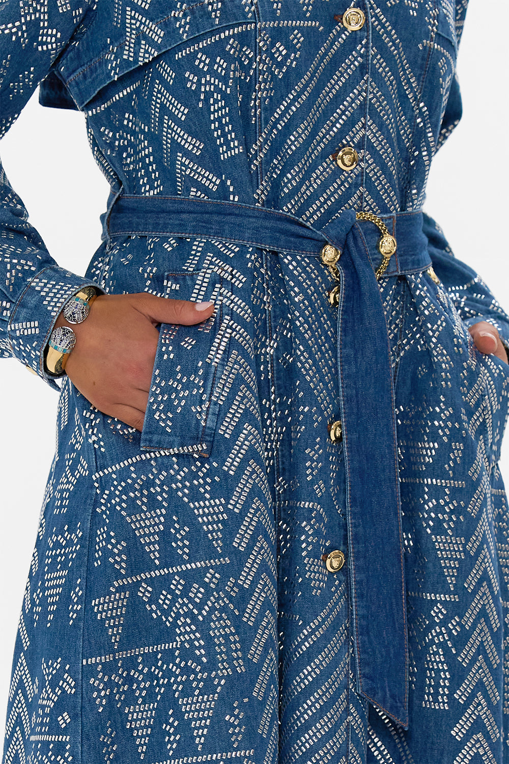 The CAMILLA DESERT REIGN LONGLINE BELTED TRENCH COAT DENIM
