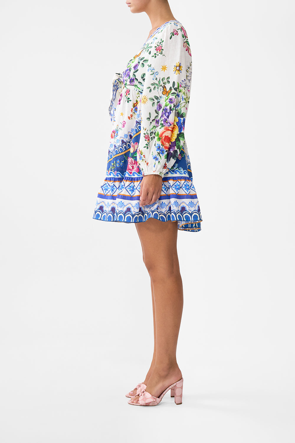 The CAMILLA Short Tie Front Blouson Dress in our Tiles Darls print.